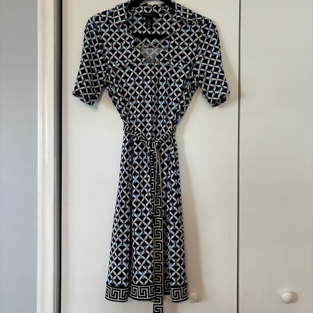 White House Black Market Women’s Midi Dress Geometric Size S Black White Blue